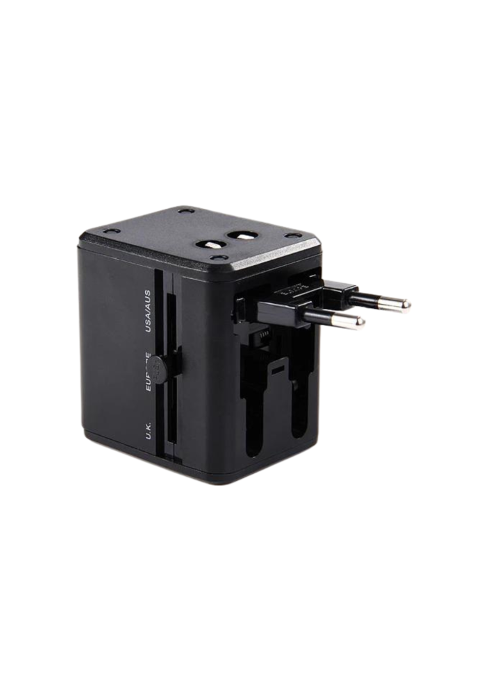 Black travel adaptor with the European plug out.