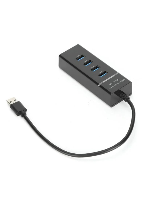 A photo of black USB hub with four ports.