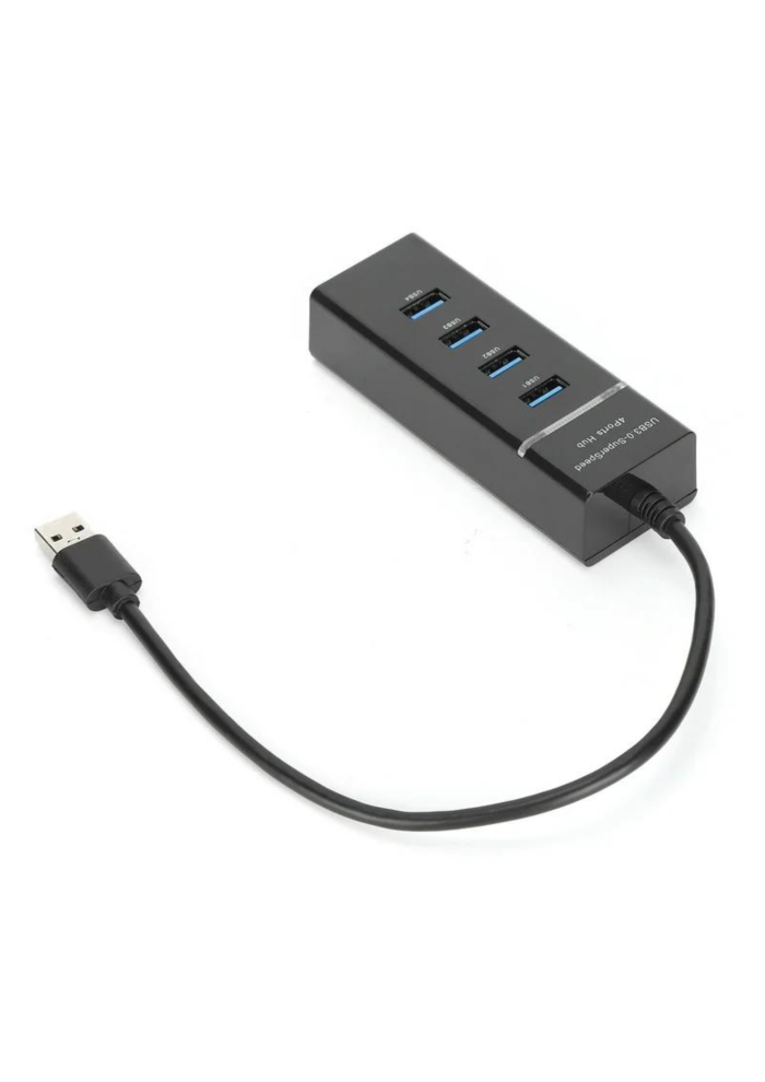A photo of black USB hub with four ports.