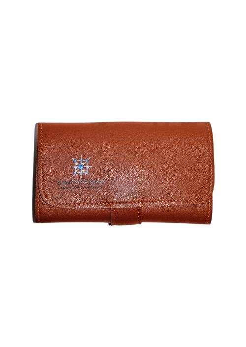 Brown leather cord organizer.