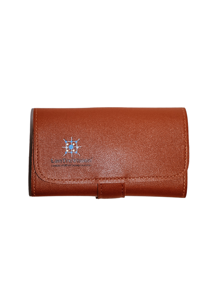 Brown leather cord organizer.