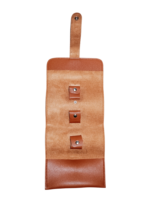 A sample photo of an opened brown leather cord oganizer.