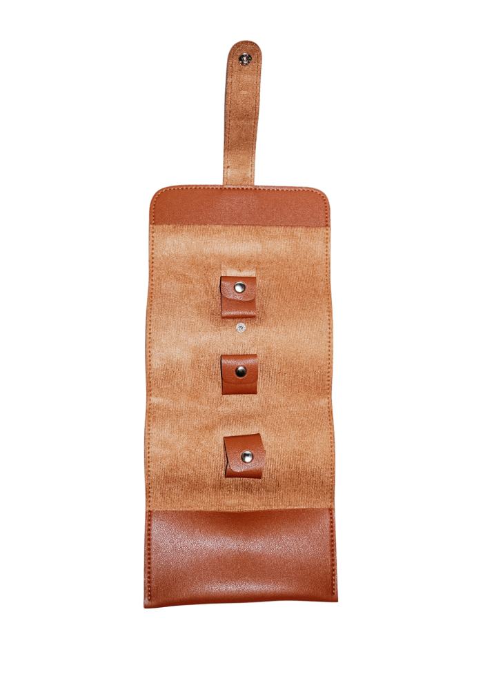 A sample photo of an opened brown leather cord oganizer.
