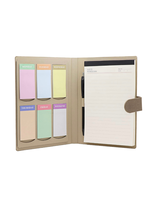 Sampe photo of an opend organizer notepad witg sticky notes, pad and pen.