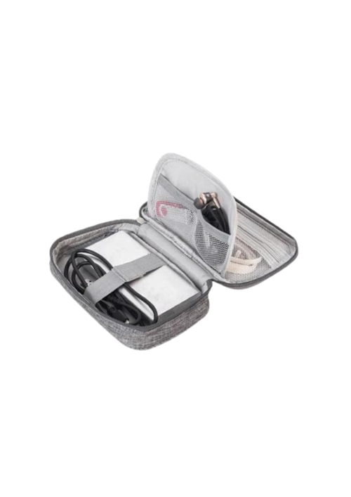 A photo of an opened gray organizer pouch.