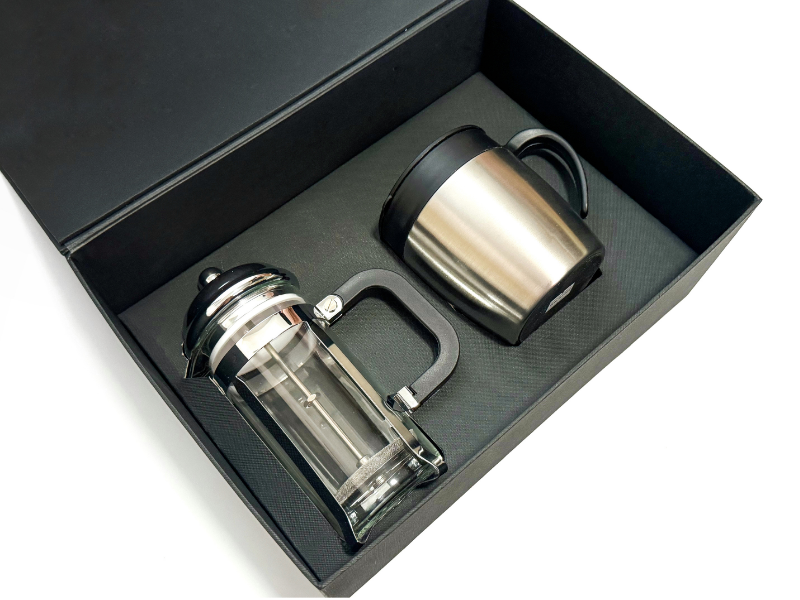 Coffee press and insulated mug in a rigid box.