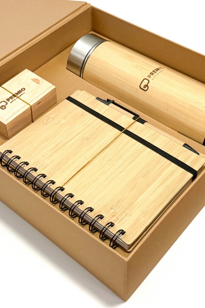 Bamboo tumbler, bamboo flash drive and bamboo notebook with pen in a rigid box
