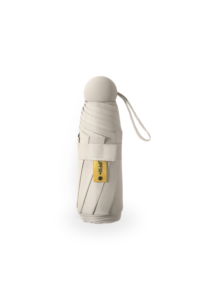 A photo of a UV protection foldable umbrella in white color.