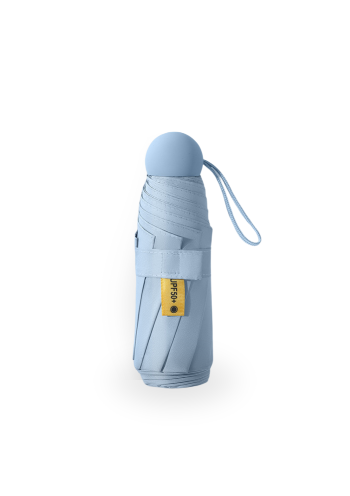 A photo of a UV protection foldable umbrella in light blue color.