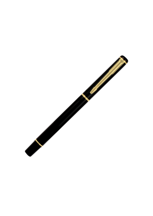A black metal pen with gold chrome accents.