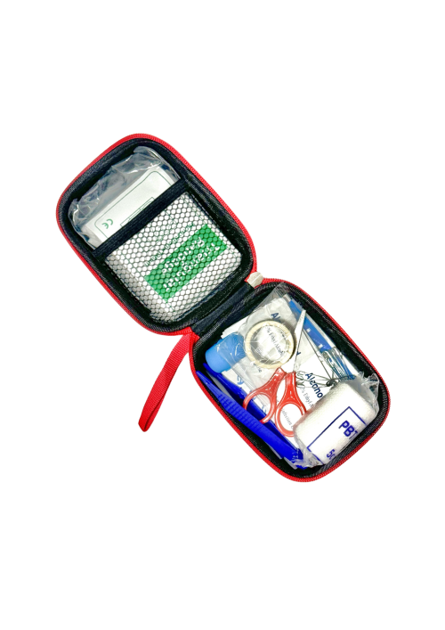 A photo of an opened first aid kit with its contents; safety pins, scissor, tweezer, medical tape, triangular bandage, prep pads, band aids, rubber bandage, bandage and sterile gauze.