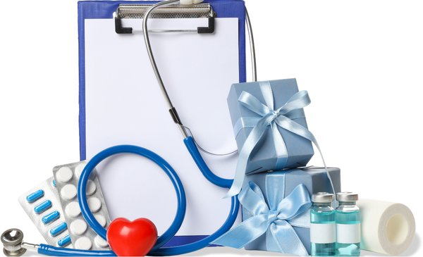 a-gift-wrapped-in-blue-wrapper-and-ribbon-beside-a-medical-chart-stetoscope-and-medicine-bottle