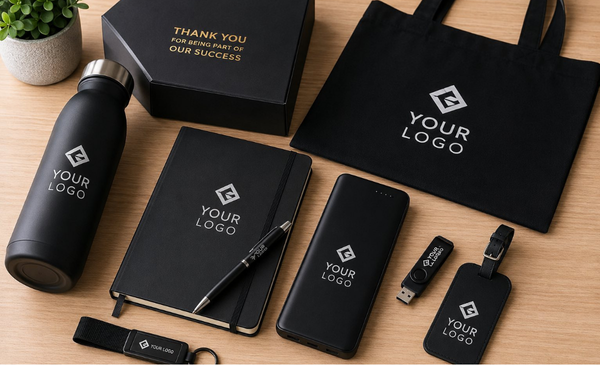 black-corporate-gifts-such-as-umbrella-notebook-pen-power-bank-usb-bag-tag-tote-bag-and-box