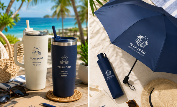 white-and-blue-tumblers-and-blue-umbrella-by-the-beach
